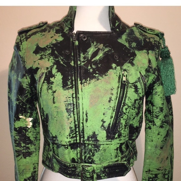 Cropped Leather Jacket Abstract Painted GREEN GAZE Hand Painted w Tassel - Picture 2 of 4